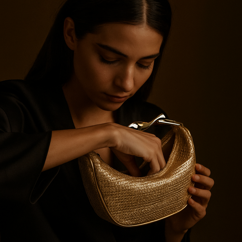 Sac Alma – Mini demi-lune tressée & anse dorée sculpturale