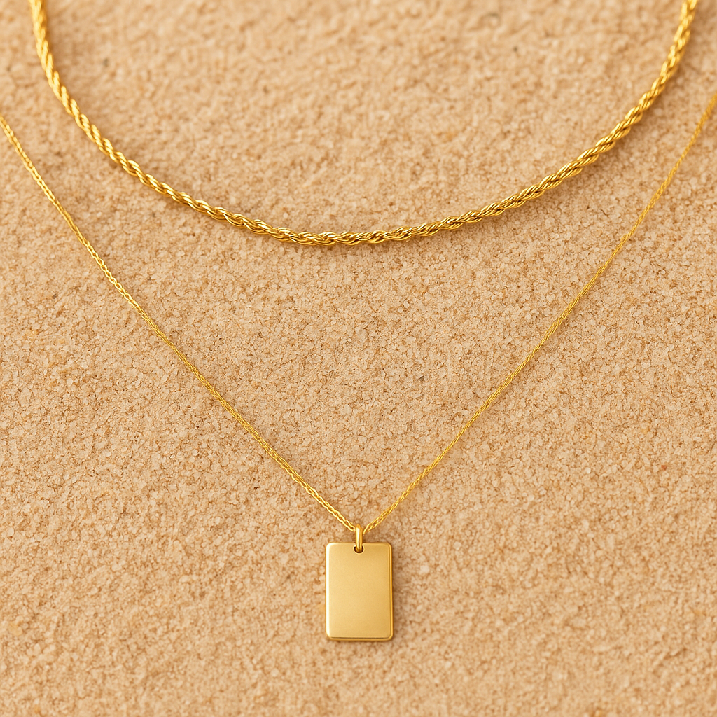 Collier Brillantezza – Double chaîne & pendentif rectangulaire