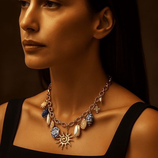 Solea Charm Necklace – 18k Gold Plated Steel & Sun Charms, Pearl & Ceramic