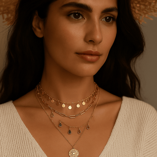 Collier Francesca – Multi-rangs doré & médaillon solaire