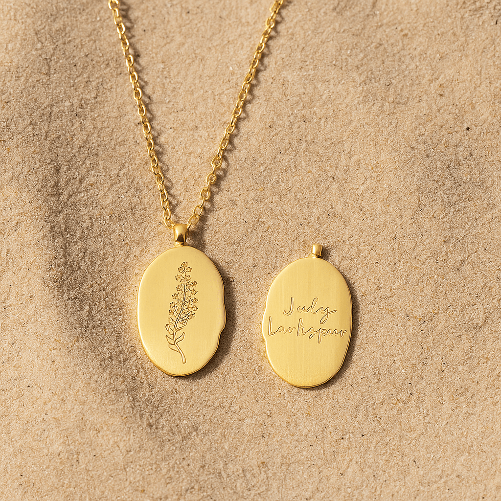 Collier Primavera – Fleur du mois & médaillon gravé L’Atelier de Malte Juillet