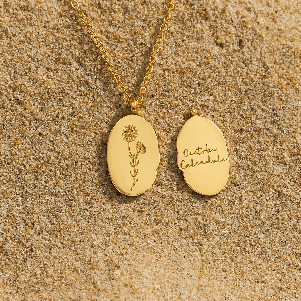 Collier Primavera – Fleur du mois & médaillon gravé L’Atelier de Malte Octobre