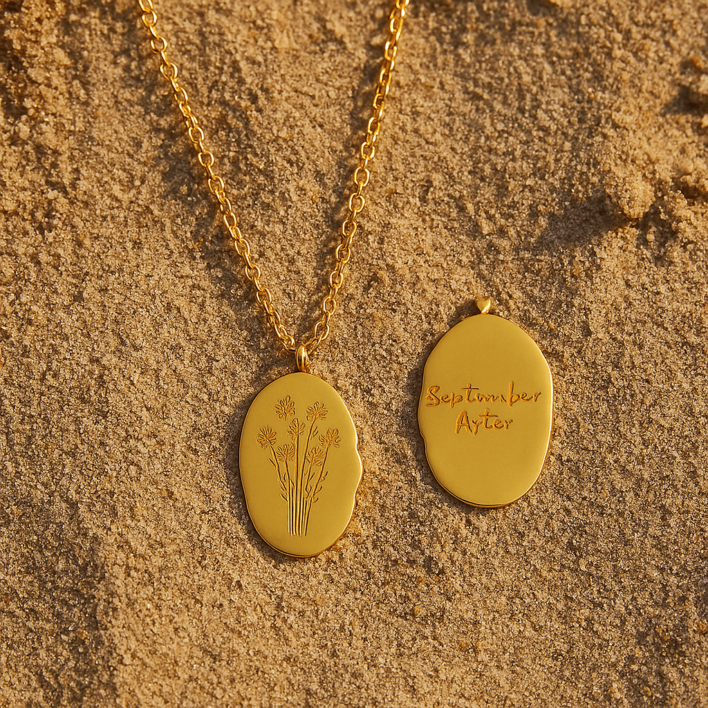 Collier Primavera – Fleur du mois & médaillon gravé L’Atelier de Malte Septembre