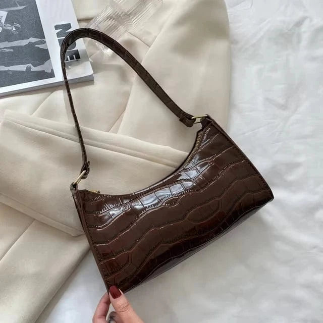 Fashion PU Leather Bags for Women Alligator Pattern Armpit Handbag Female Small Underarm Messenger Bag Purse 24.5x7x15cm / Brown