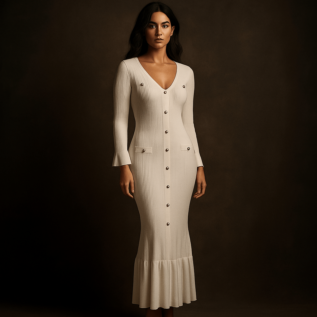 Robe Longue Maëlys – Robe en maille boutonnée femme manches évasées Blanc / M