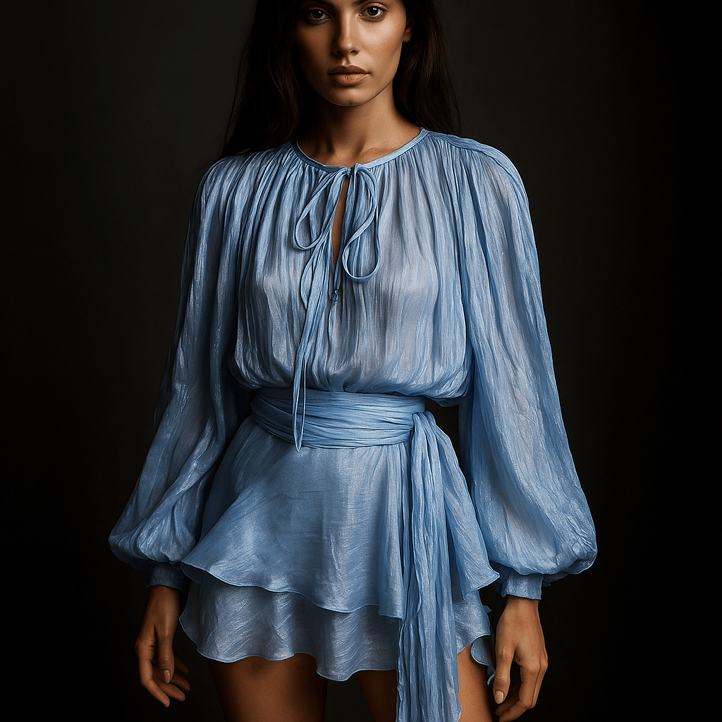 Robe Mini Liora – Robe drapée femme soirée manches longue Bleu clair / S