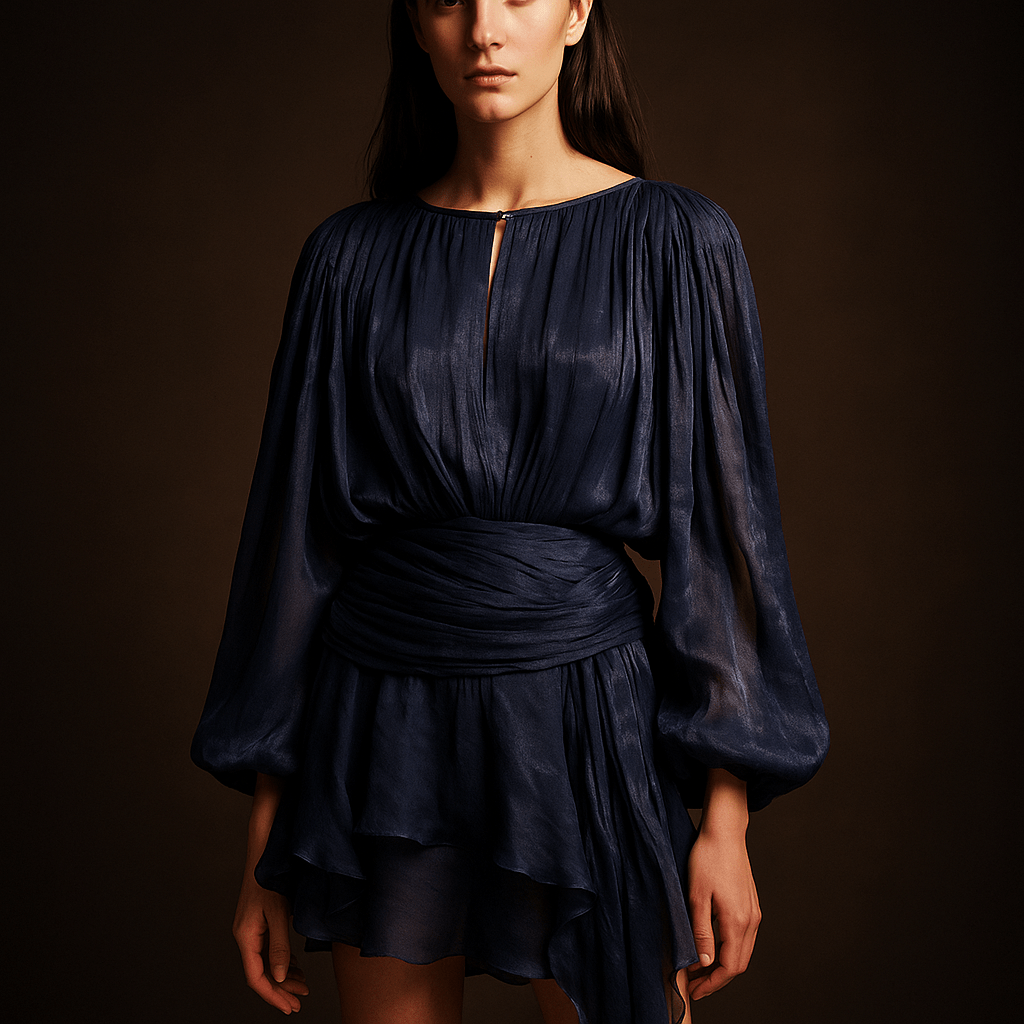 Robe Mini Liora – Robe drapée femme soirée manches longue Bleu / S