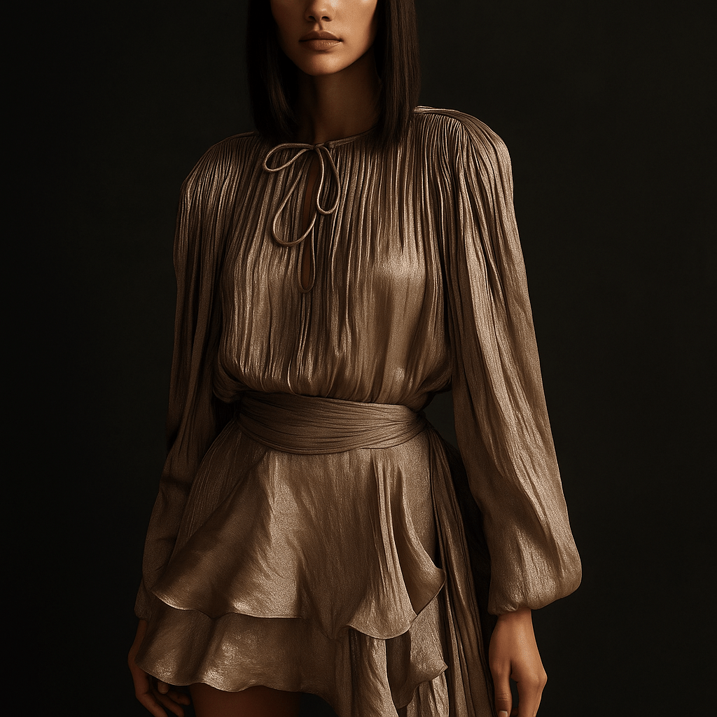 Robe Mini Liora – Robe drapée femme soirée manches longue Marron / S
