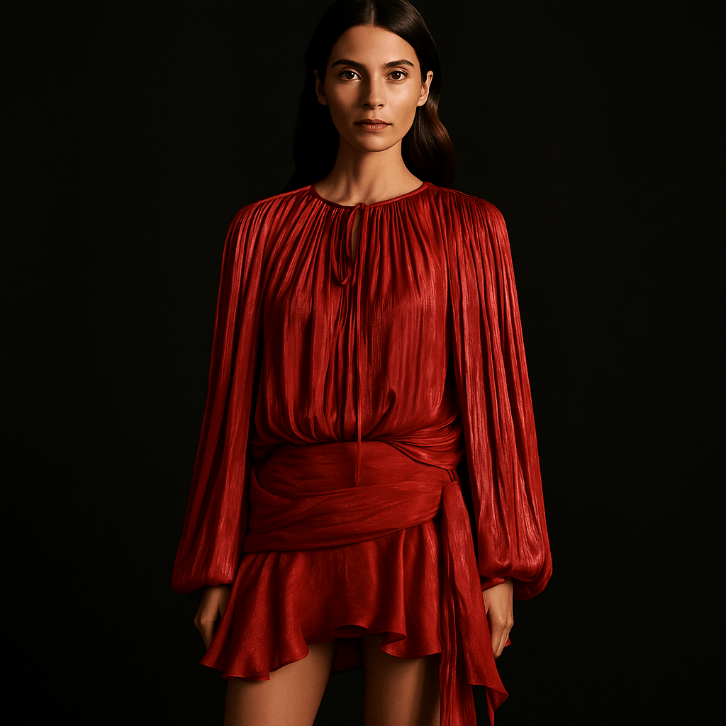 Robe Mini Liora – Robe drapée femme soirée manches longue Rouge / S