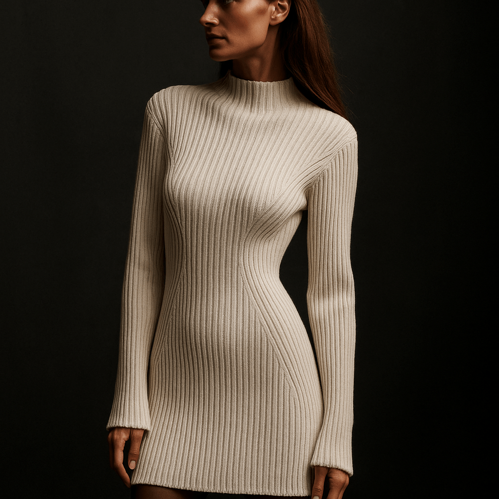Robe Pull Naïa – Mini robe côtelée femme ajustée col rond hiver Beige / M