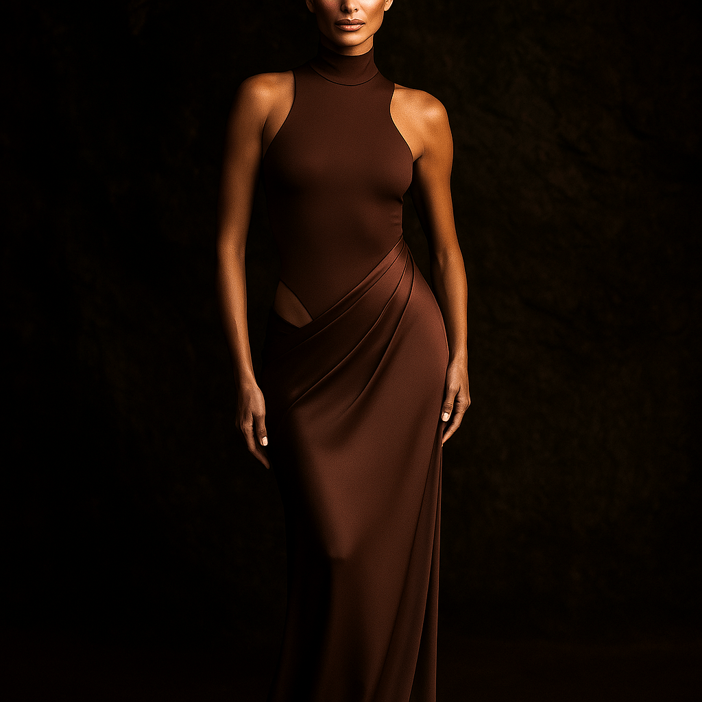 Robe Satinée Aria – Robe longue femme col montant avec découpe coffee / S