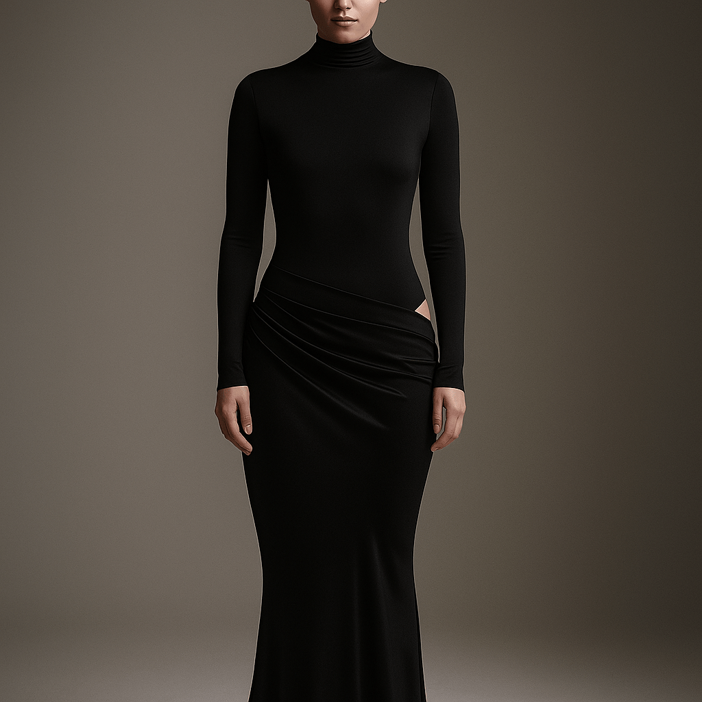 Robe Satinée Aria – Robe longue femme col montant avec découpe Noir / S / Long