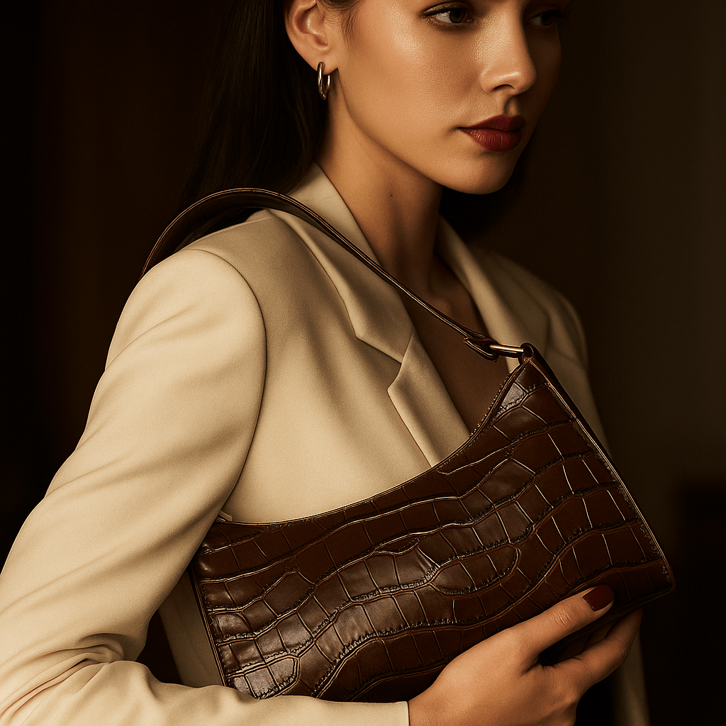 Sac à main Cora – mini baguette croco vegan zippée L’Atelier de Malte Marron