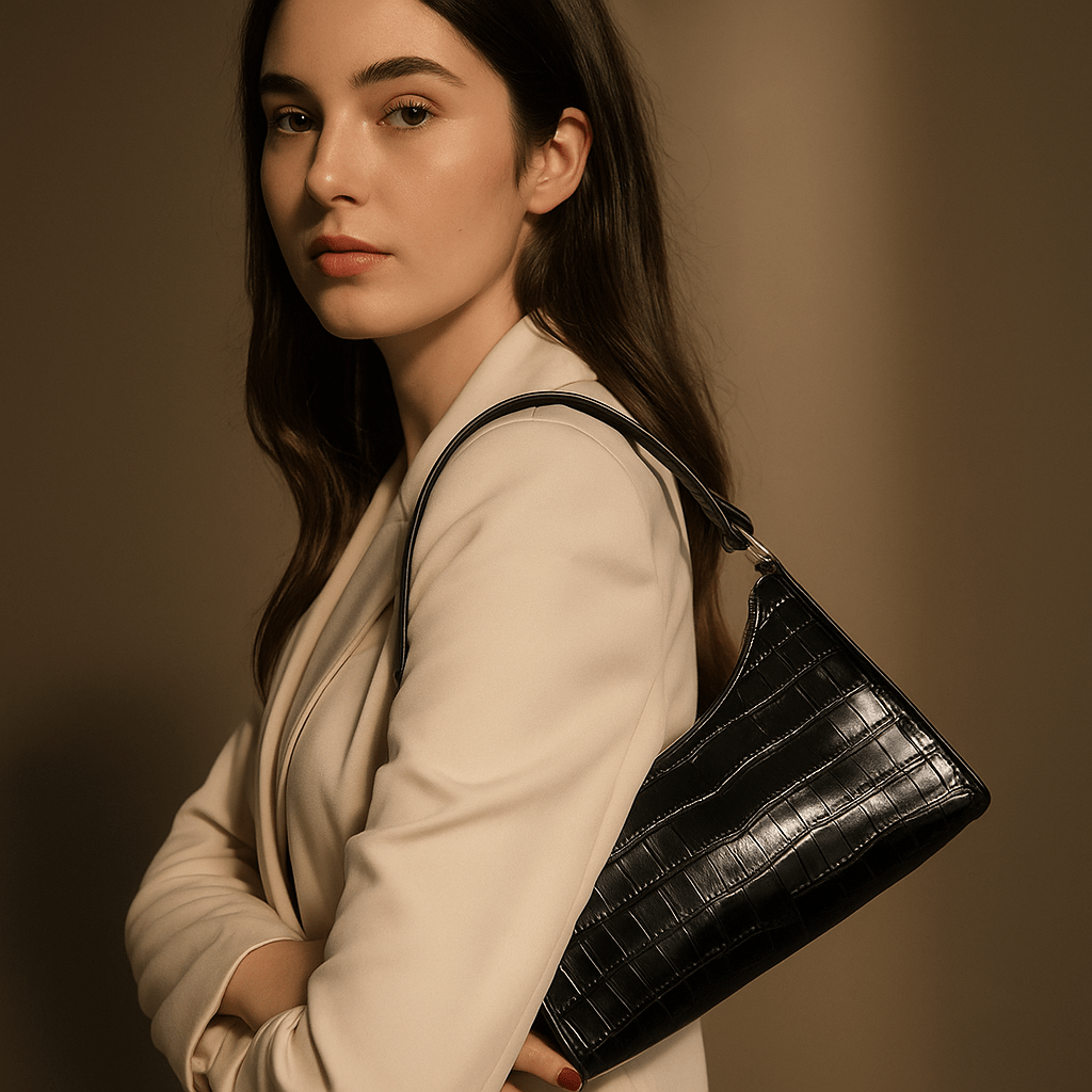 Sac à main Cora – mini baguette croco vegan zippée L’Atelier de Malte Noir
