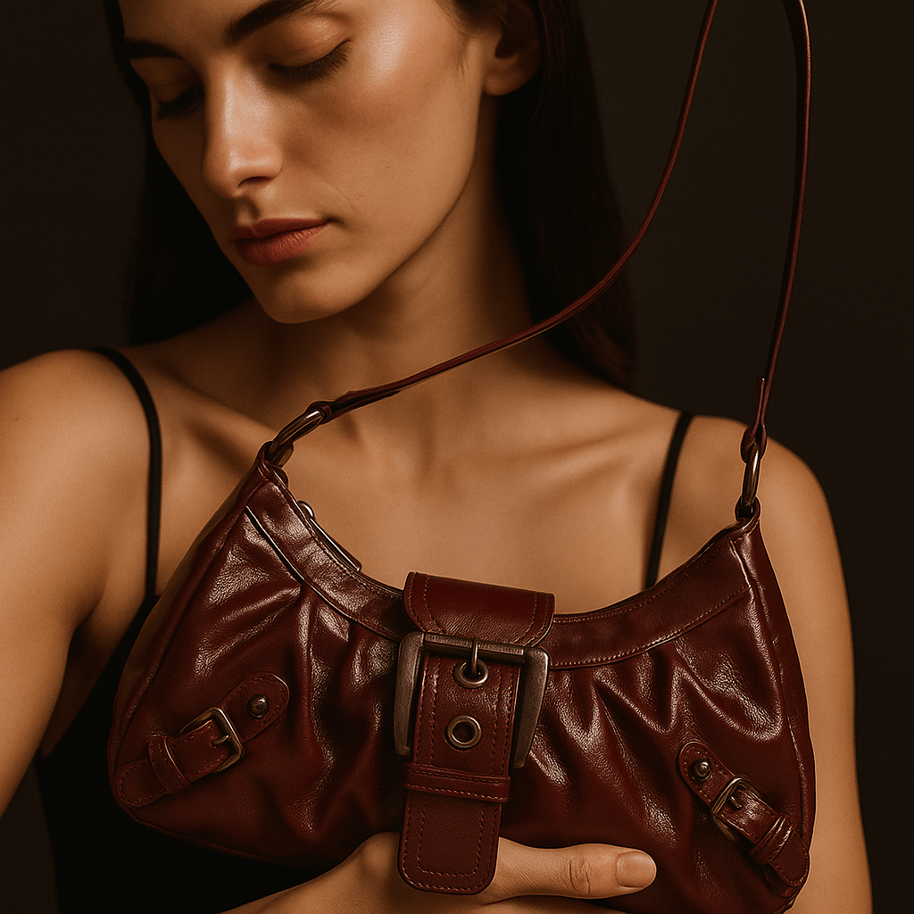 Sac à main Nova – mini hobo cuir vegan lustré | L’Atelier de Malte Bordeaux