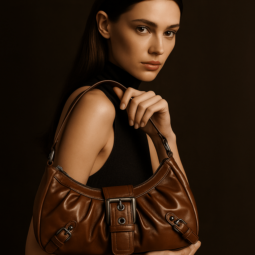 Sac à main Nova – mini hobo cuir vegan lustré | L’Atelier de Malte Marron