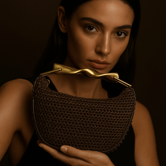 Sac Alma – Mini demi-lune tressée & anse dorée sculpturale