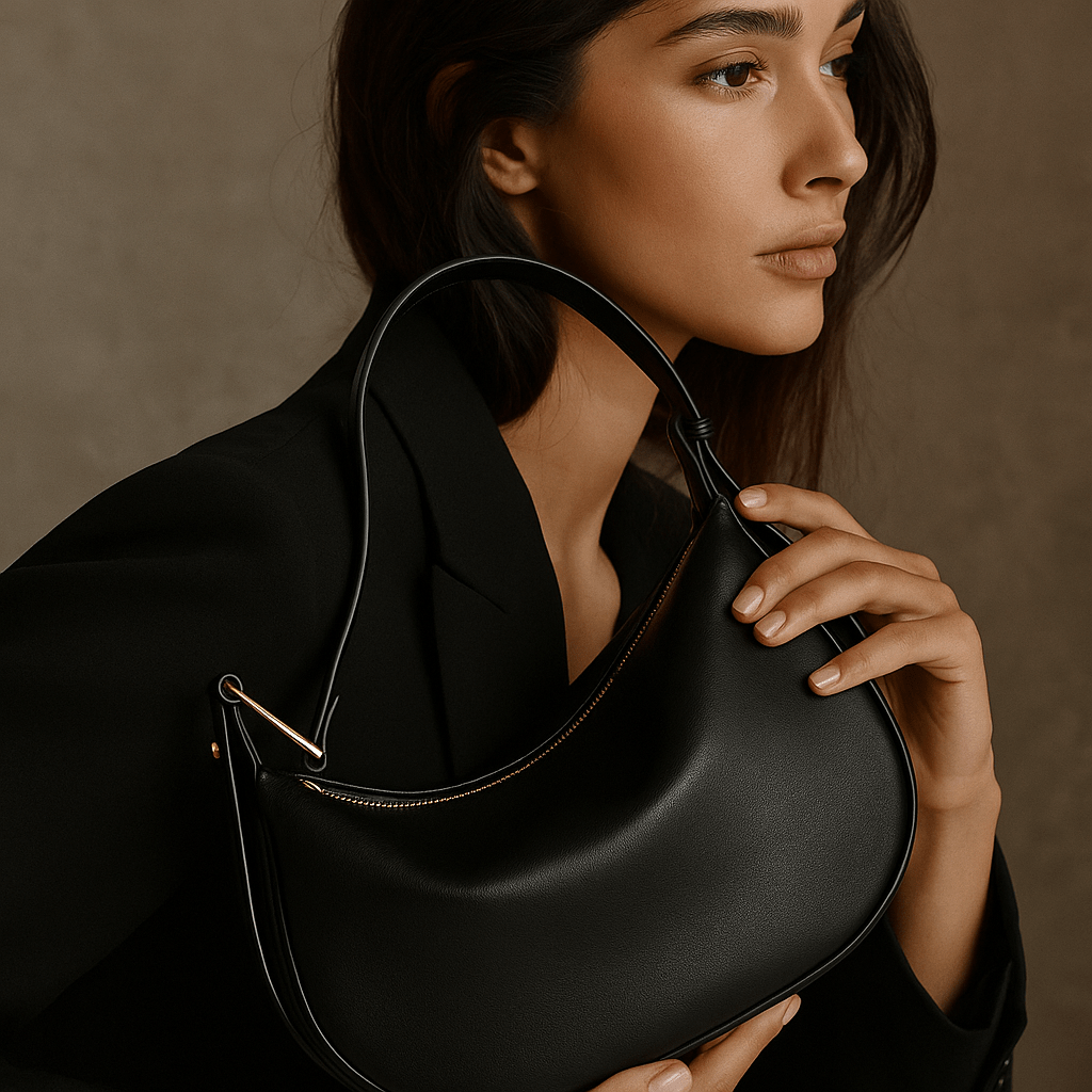 Sac Livia – Demi-lune en cuir beige & boucle dorée sculpturale