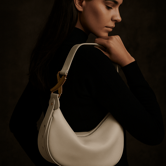 Sac Livia – Demi-lune en cuir beige & boucle dorée sculpturale