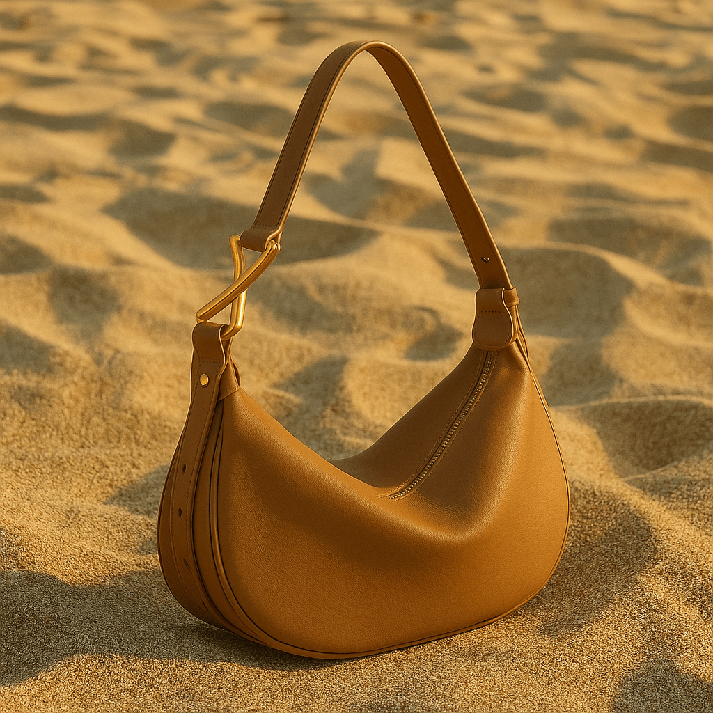 Sac Livia – Demi-lune en cuir beige & boucle dorée sculpturale Camel