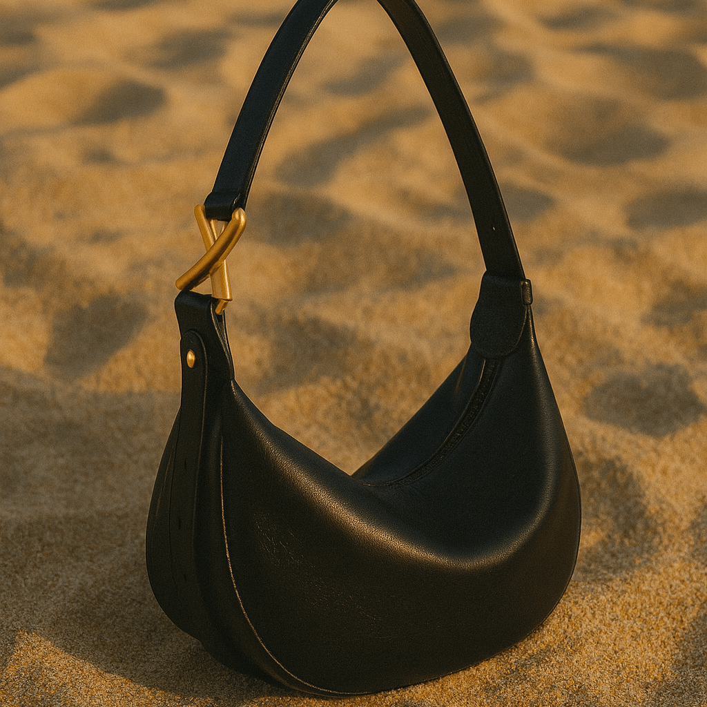 Sac Livia – Demi-lune en cuir beige & boucle dorée sculpturale Noir