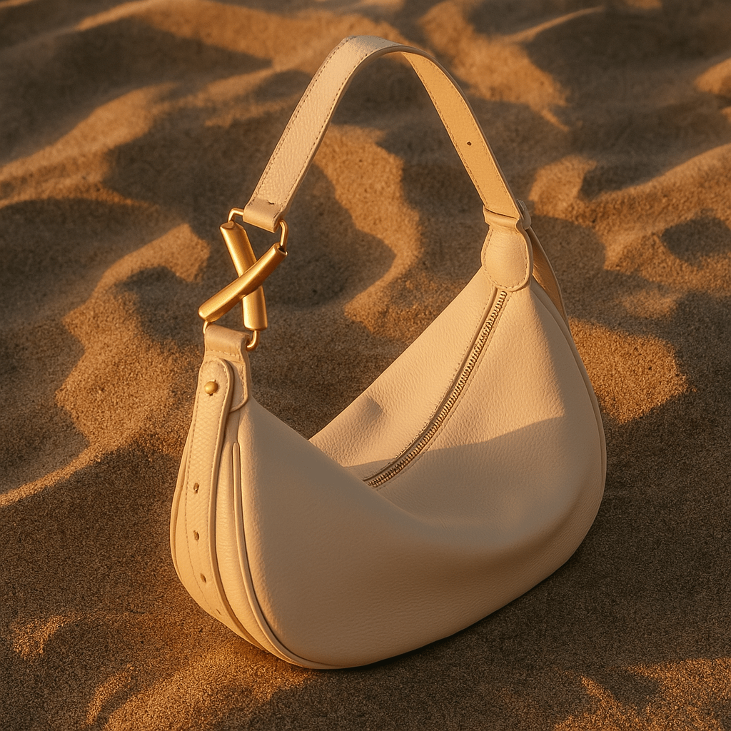 Sac Livia – Demi-lune en cuir beige & boucle dorée sculpturale Or blanc