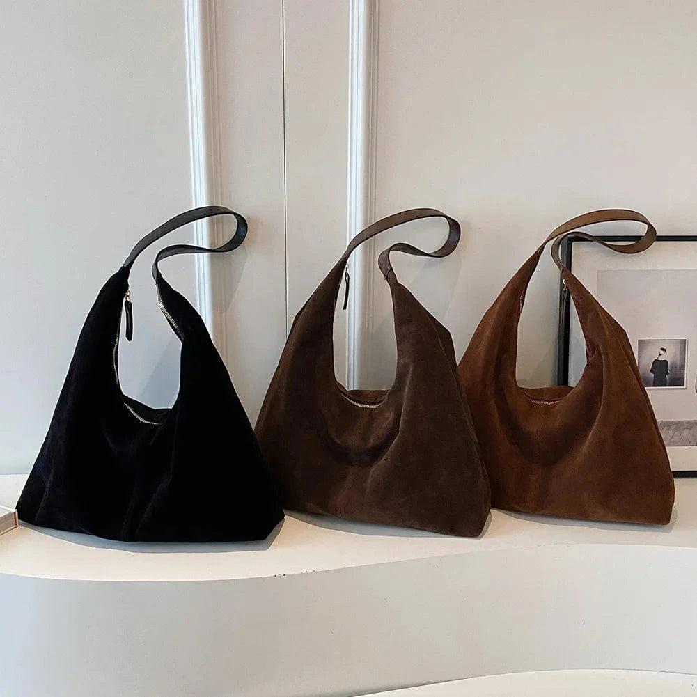 Women Suede Tote Bag with Zipper Shoulder Bag Large Capacity Hobo Bag Slouchy Bag Commuter Travel Bag