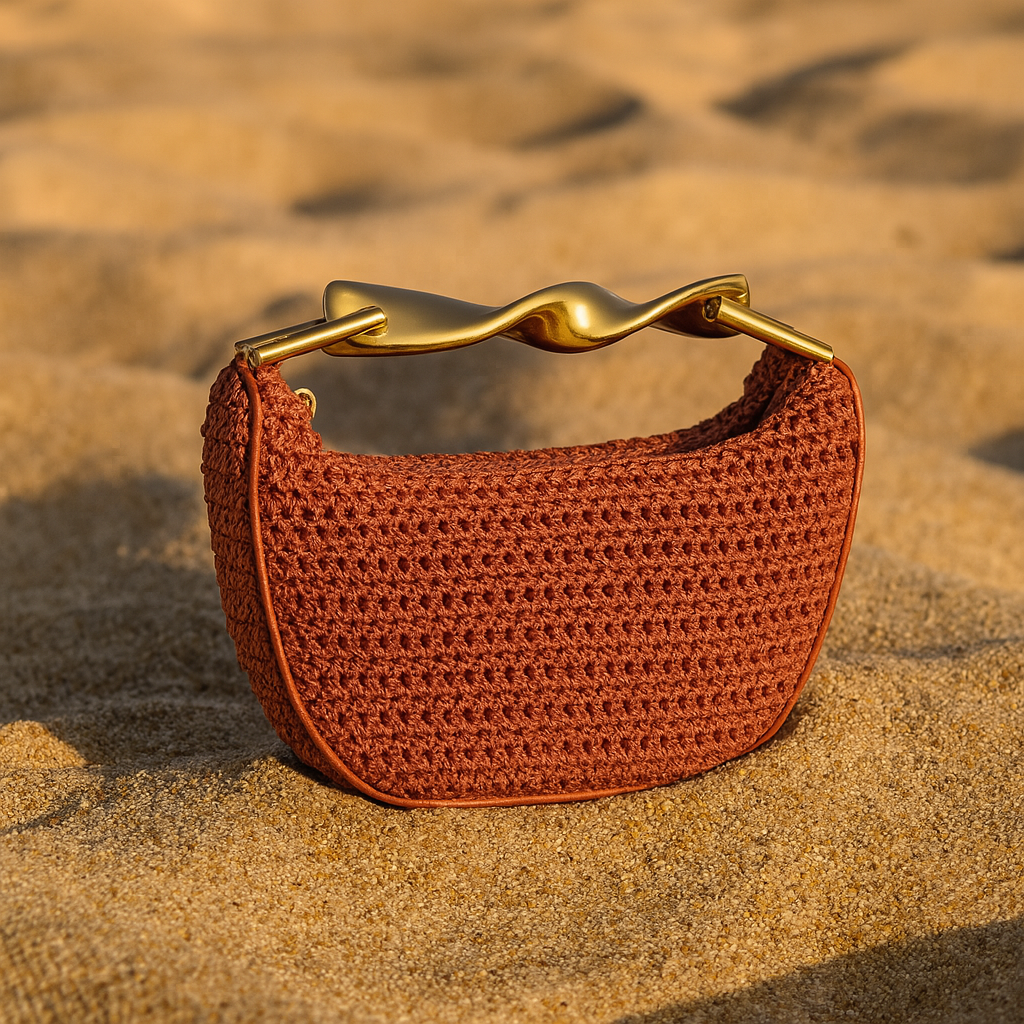 Sac Alma – Mini demi-lune tressée & anse dorée sculpturale