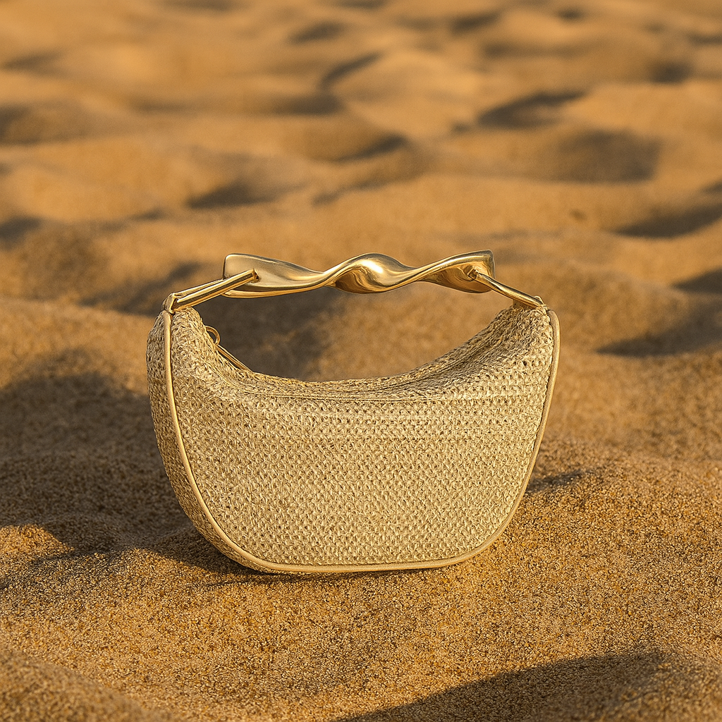 Sac Alma – Mini demi-lune tressée & anse dorée sculpturale