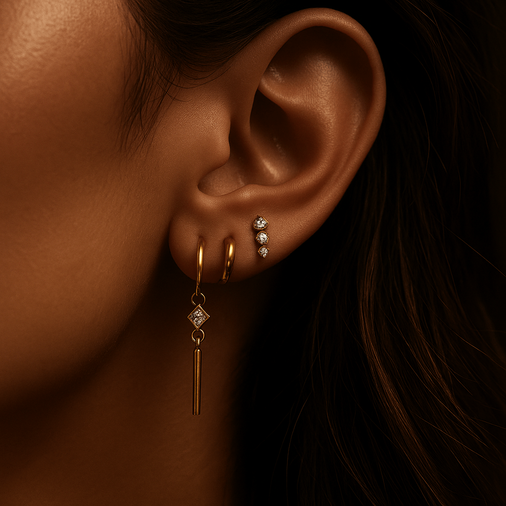 Boucles Sospirare – Trio asymétrique, zircon & or | L’Atelier de Malte