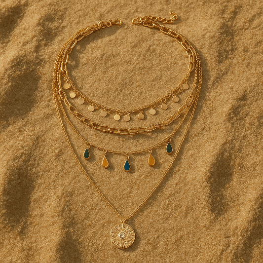Collier Multi-rangs doré & médaillon solaire | Francesca 