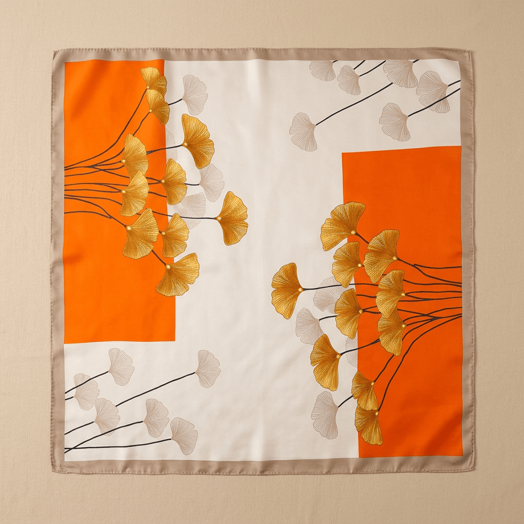 Ginko - Carré de Soie Feuilles & Orange - L'atelier de Malte
