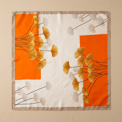 Ginko - Carré de Soie Feuilles & Orange - L'atelier de Malte