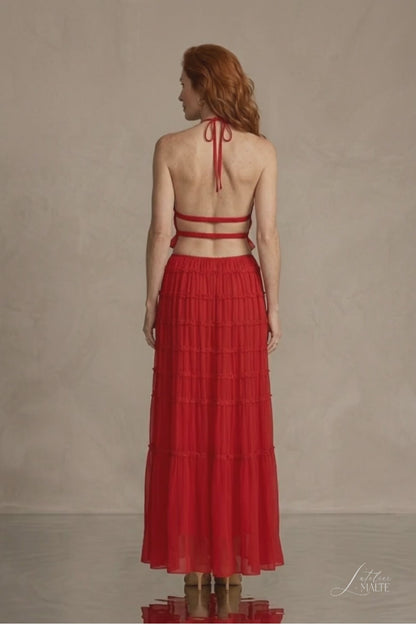 Σετ Olivia - Τοπ Bustier & Midi Φούστα • Κερασί Κόκκινο