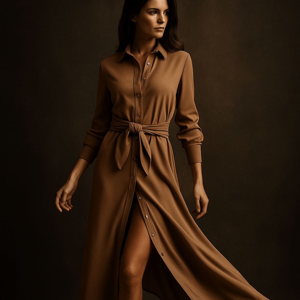Robe-Chemise Alba – Robe longue automne femme, ceinture nouée Beige / XS