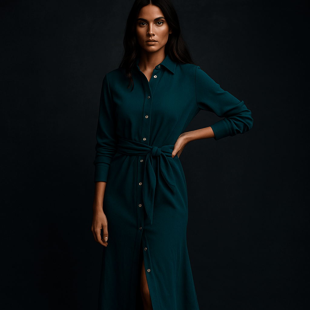 Robe-Chemise Alba – Robe longue automne femme, ceinture nouée Bleu / XS