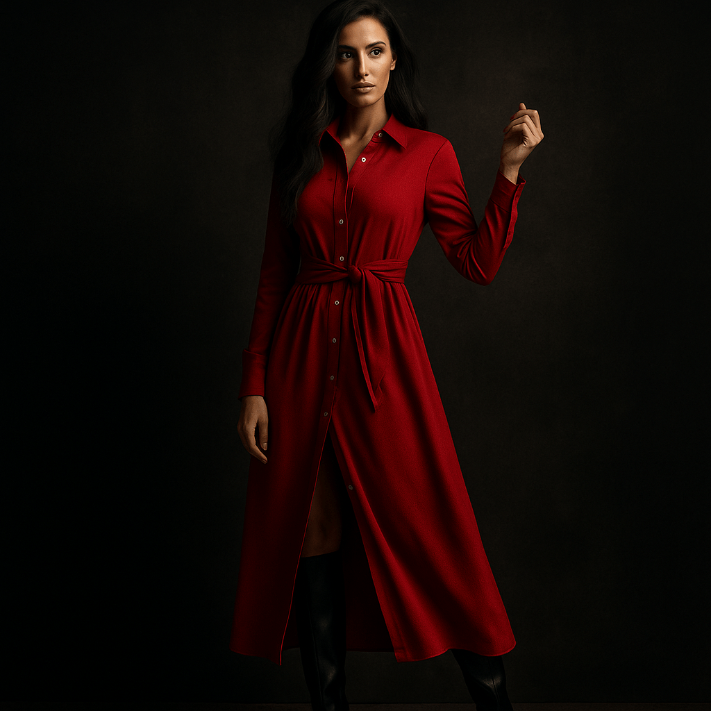Robe-Chemise Alba – Robe longue automne femme, ceinture nouée Rouge / XS