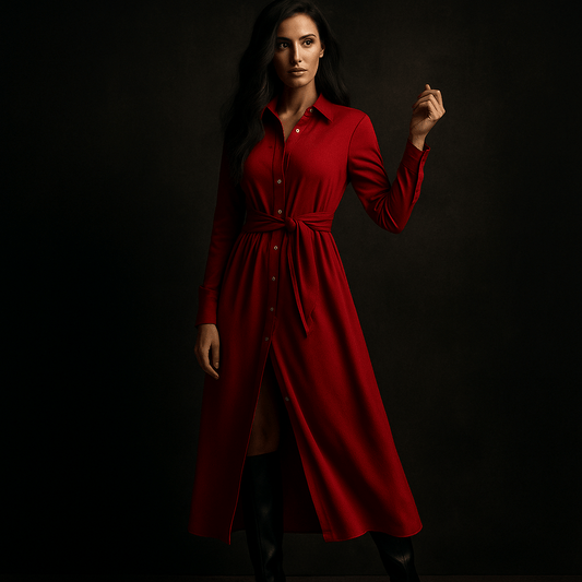 Robe-Chemise Alba – Robe longue automne femme, ceinture nouée Rouge / XS