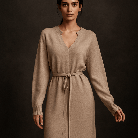 Robe en Maille Éline – Robe pull femme mi-longue col V & ceinture Beige
