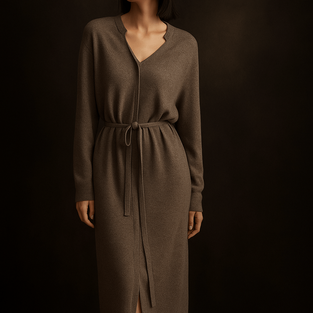 Robe en Maille Éline – Robe pull femme mi-longue col V & ceinture coffee