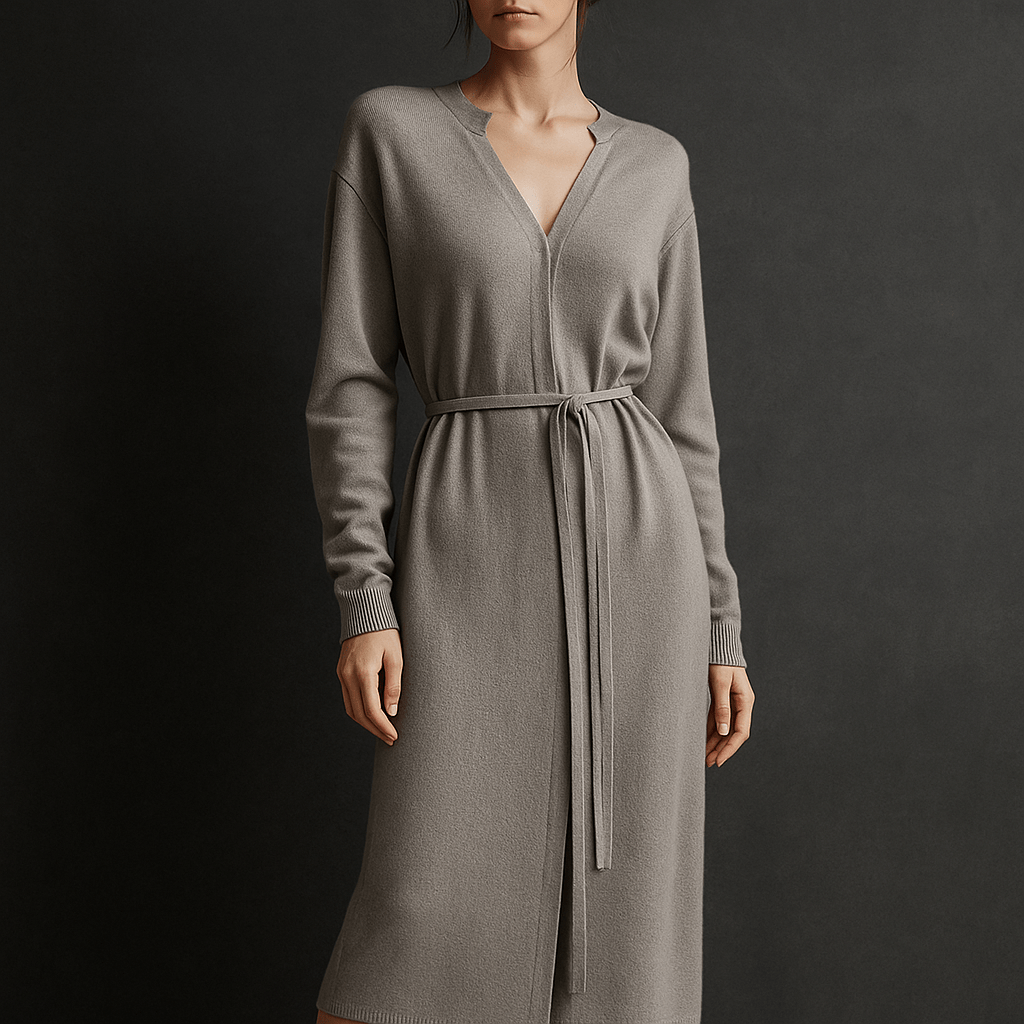 Robe en Maille Éline – Robe pull femme mi-longue col V & ceinture Gris