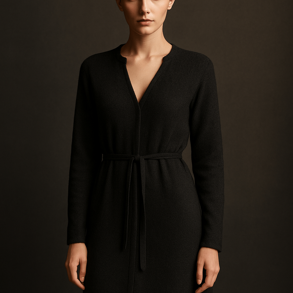 Robe en Maille Éline – Robe pull femme mi-longue col V & ceinture Noir