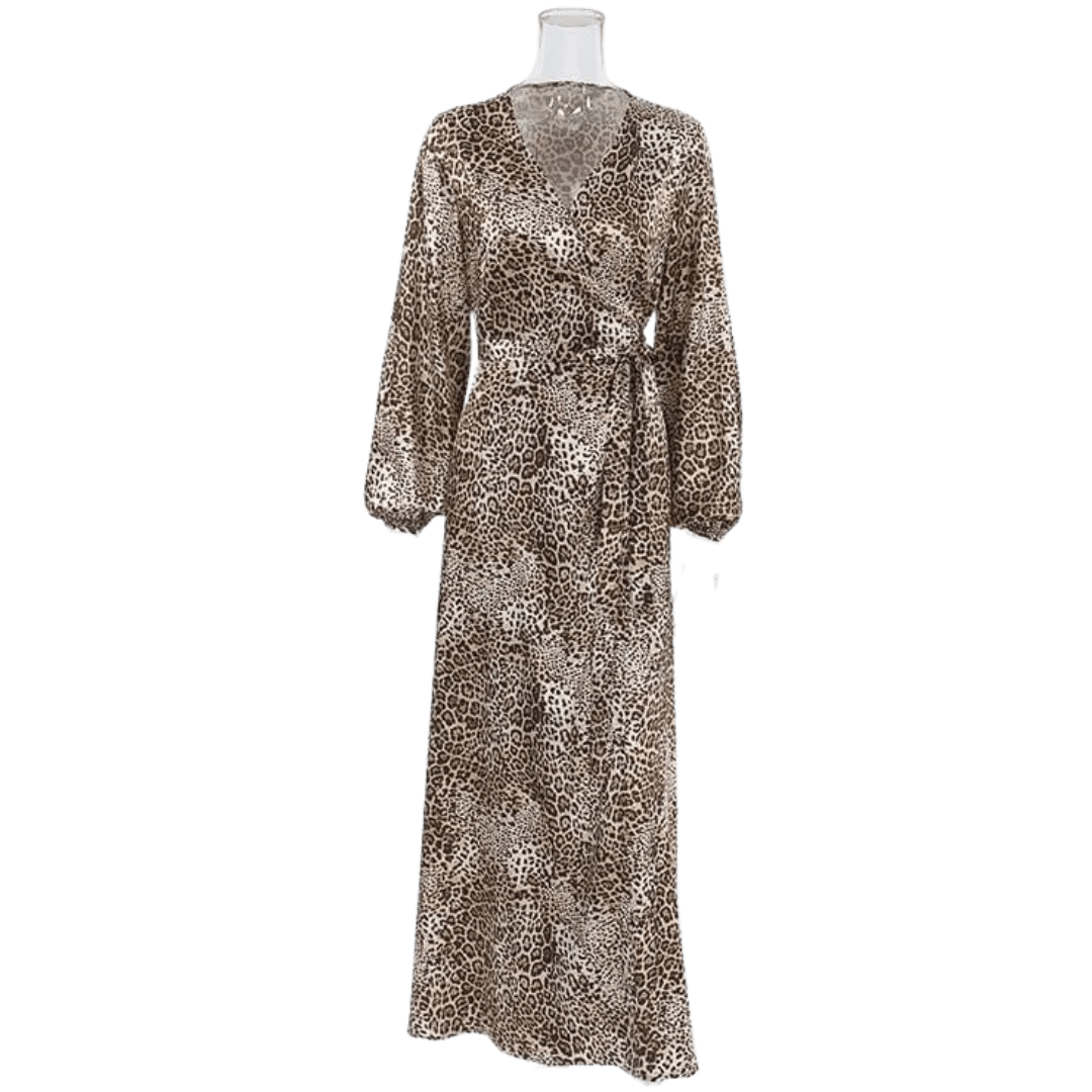 Robe Léopard Amaya – Robe mi-longue col V manches lanterne 