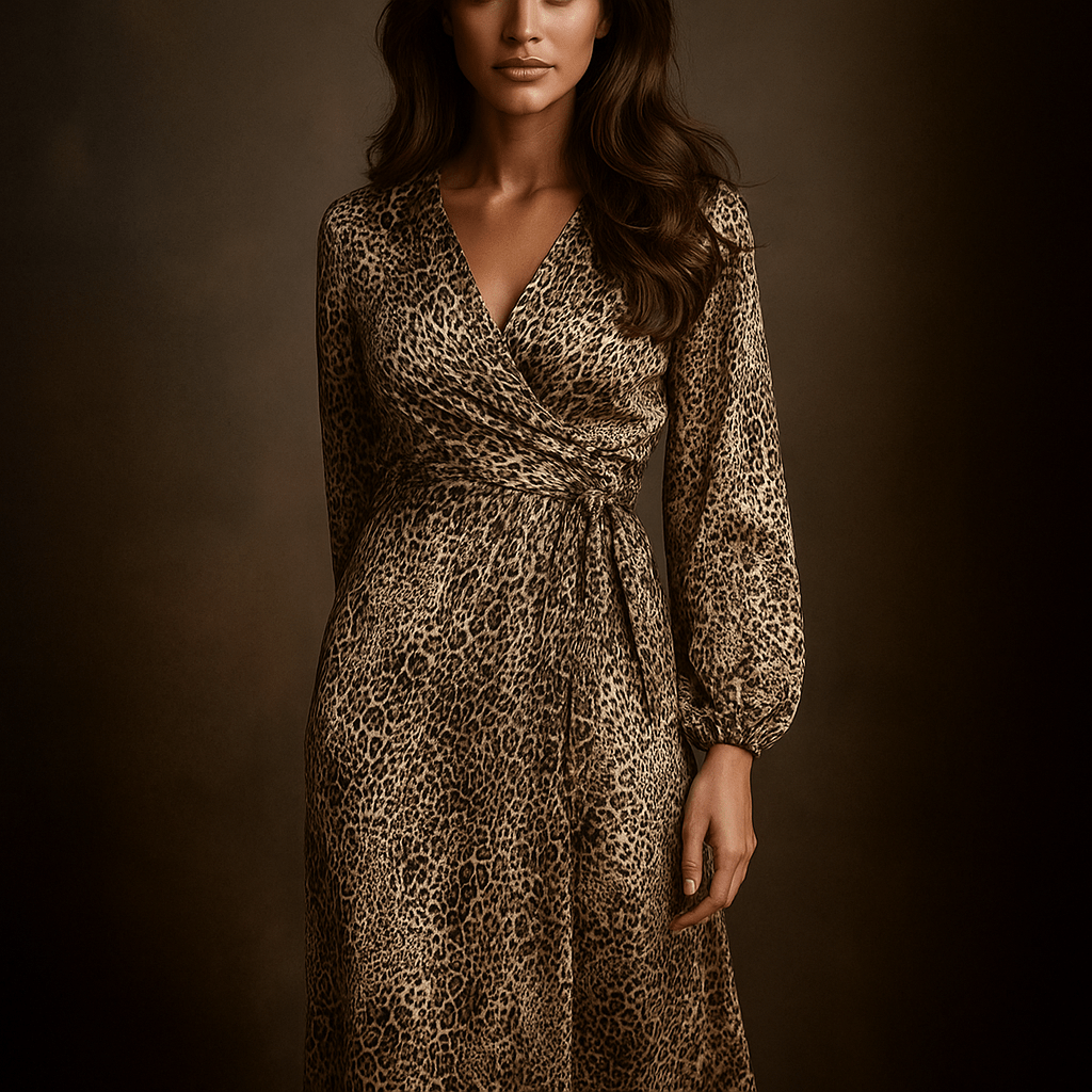 Robe Léopard Amaya – Robe mi-longue col V manches lanterne 