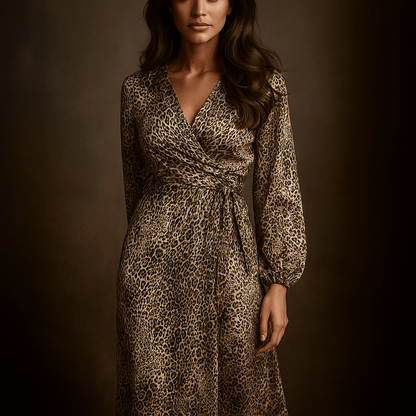 Robe Léopard Amaya – Robe mi-longue col V manches lanterne 
