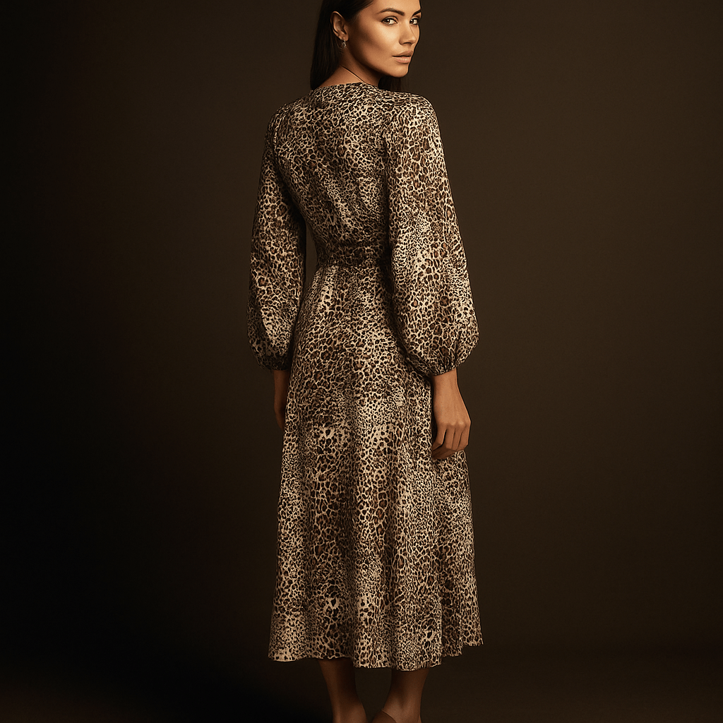 Robe Léopard Amaya – Robe mi-longue col V manches lanterne 