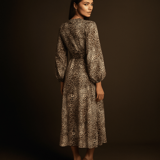 Robe Léopard Amaya – Robe mi-longue col V manches lanterne 