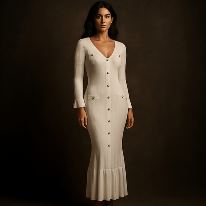 Robe Longue Maëlys – Robe en maille boutonnée femme manches évasées Blanc / M