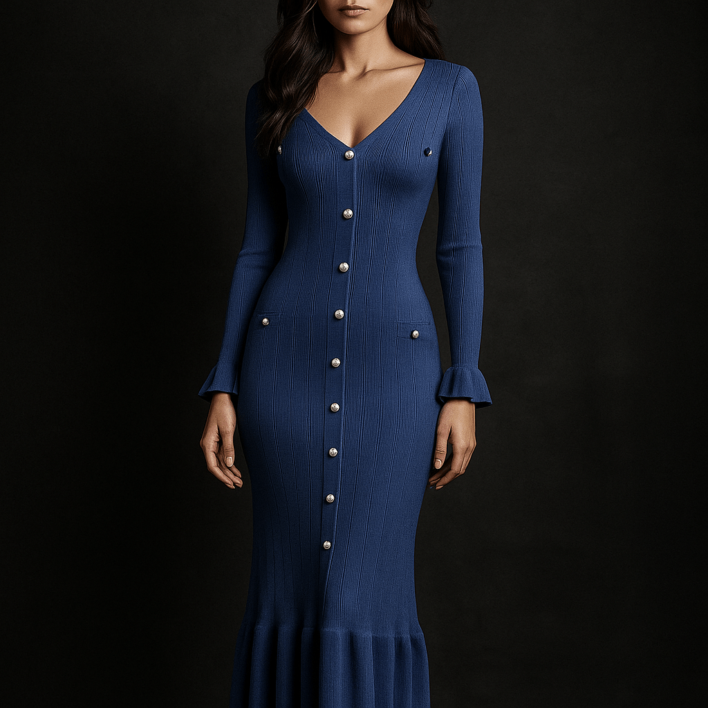 Robe Longue Maëlys – Robe en maille boutonnée femme manches évasées Bleu / S