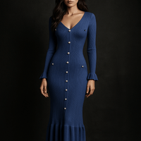 Robe Longue Maëlys – Robe en maille boutonnée femme manches évasées Bleu / S
